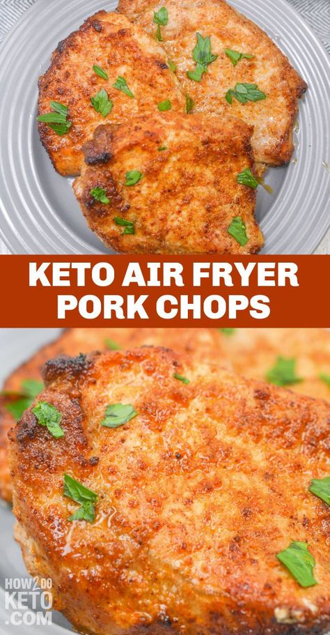 Tender, juicy, and flavorful, these Air Fryer Pork Chops are an easy weeknight dinner that’s ready in 15 minutes! Bonus: they’re keto-friendly, with only 1g total carbs each! Air Fryer Keto Recipes, Air Fryer Dessert Recipes, Air Fryer Dessert, Keto Pork Chops, Air Fryer Keto, Easy Keto Dinner Recipes, Keto Pork, Air Fryer Pork, Air Fryer Pork Chops