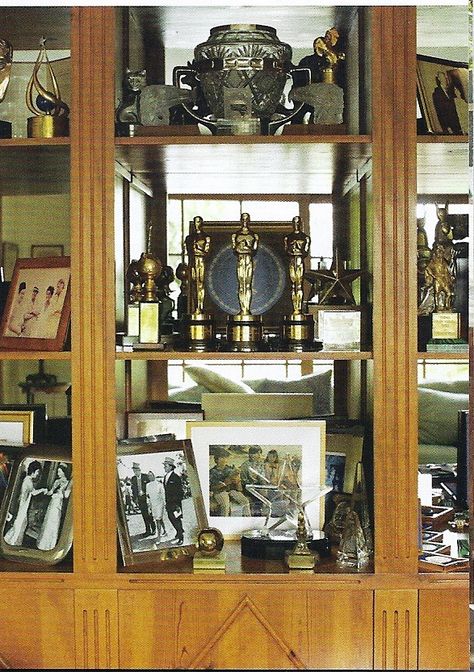 Awards and Oscars are displayed in the trophy room. Trophy Shelves, Actor Dr, Trophy Shelf, Trophy Collection, Trophy Display, Award Display, Liz Taylor, Trophy Rooms, Hollywood Homes