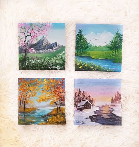 4season Painting, 4 Canvas Paintings, Oil Painting Aesthetic, Painting For Wall Decor, Painting For Wall, Mini Toile, Canvas Art Painting Acrylic, 달력 디자인, Sky Art Painting