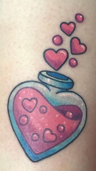 Heart Shaped Bottle Drawing, Love Potion No 9 Tattoo, Heart Bottle Drawing, Love Potion Number 9 Tattoo, Love Core Tattoo, Traditional Cute Tattoo, Love Potion Tattoo Bottle, Love Themed Tattoos, Heart Bottle Tattoo