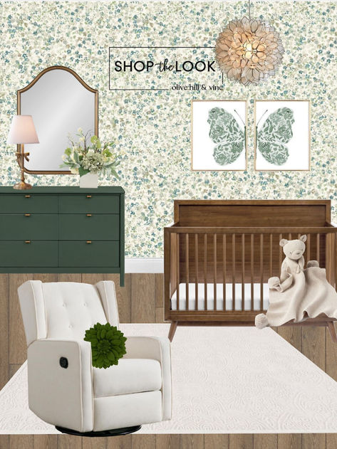 Image of a green-themed nursery. A capiz pendant light hangs above a wood convertible crib, which is decorated with green floral butterfly art on the walls. A cozy rocker recliner with a plush green pillow is in the corner, and a deep green six-drawer dresser, topped with a gold lamp and floral arrangement, is placed beneath a mirror. An ivory rug covers the floor, creating a warm and inviting atmosphere. Green Garden Nursery, Green Baby Nursery, Green Dresser, Nursery Decor Inspiration, Gold Lamp, Garden Nursery, Themed Nursery, Floral Butterfly, Convertible Crib