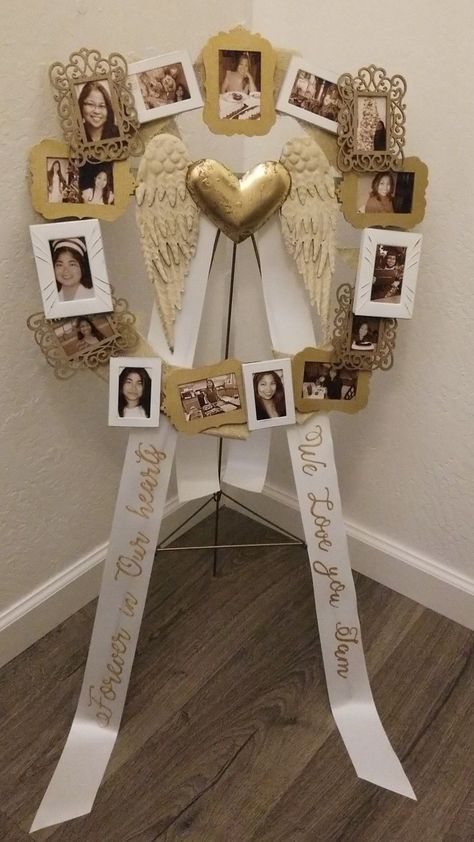 Memorial Ideas For Class Reunion, Memorial Picture Wreath, Remembrance Party Ideas, Diy Rememberance Ideas, Birthday Memorial Ideas, Memorial Birthday Celebration, Memorial Picture Board, Angelversary Ideas, Diy Memorial Gifts