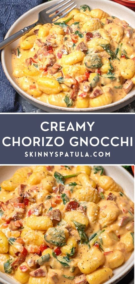 Gnocchi Recipes With Protein, Dinner Parties Recipes, Chorizo Cream Sauce, Creamy Savory Recipes, Gnocchi Recipes Spicy, Hot Italian Sausage Gnocchi, Chicken And Chorizo Gnocchi, Chorizo Gnocchi Soup, Cajun Gnocchi Recipes