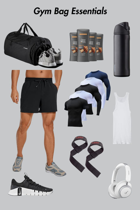 Gym Neccesities, Leg Muscles Workout, Gym Bag Aesthetic Men, Gym Essentials For Men, Gym Bag Essentials Mens, What’s In Your Gym Bag, Men’s Gym Bag, Sports Bag Essentials, Gym Gear For Men