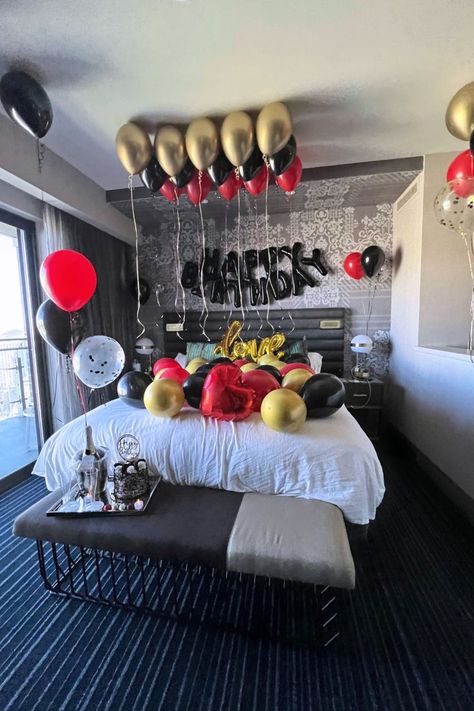 23 Birthday Decorations For Him, Red And Black Hotel Room Decorations Birthday, Romantic Birthday Room Decorations, Birthday Room Surprise For Boyfriend Red, Happy Birthday Hotel Room Decor For Him, Decorate Hotel Room For Birthday For Him, Birthday Set Up Ideas For Him In Bedroom, Red And Black Birthday Theme Man, Black And Red Birthday Theme For Men