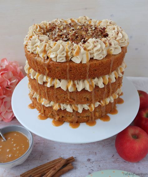 Apple Cinnamon Cake Cinnamon Buttercream, Apple Cinnamon Cake, Apple Bundt Cake, Salted Caramel Cake, Cinnamon Cake, Homemade Caramel Sauce, Salted Caramel Sauce, Fall Cakes, Cinnamon Flavor