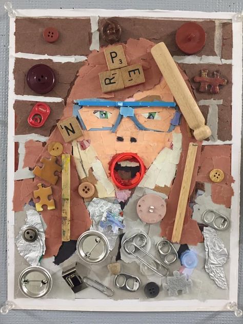 Cardboard Art Projects, Recycled Material Art, Cardboard Art Sculpture, Upcycle Kids, Creative Self Portraits, Portrait Collage, Self Portrait Art, 3d Collage, Trash Art