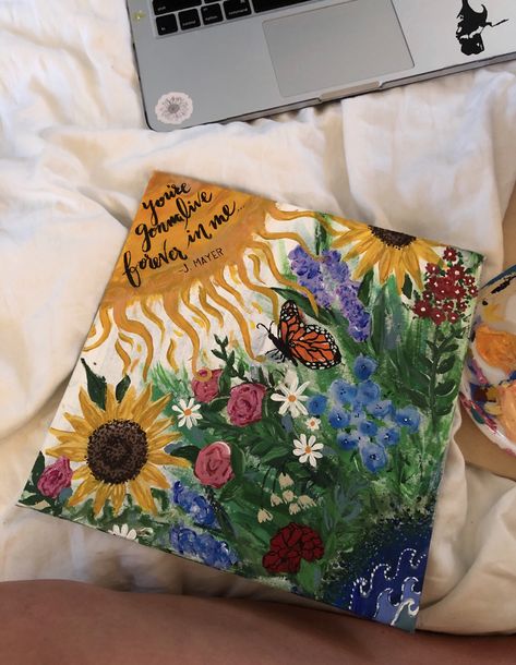 #graduation #graduationcap #gradcap #cap #quote #johnmayer #sunflower #flowers #wildflowers #butterfly #waves Social Work Graduation Cap, Flower Graduation Cap, Creative Graduation Caps, Creative Ideas To Make, Graduation Cap Ideas, College Grad Cap Ideas, Graduation Cap Decoration Diy, High School Graduation Cap, College Graduation Cap Decoration