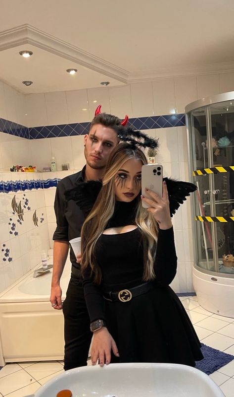 Angle And Devil Couples Costumes, Angel And Demon Couple Costume, Halloween Dark Angel Makeup, Diavolo Halloween Outfit, Men Devil Costume, Dark Angel And Devil Costume, Dark Angles Halloween, Dark Angel Costume Men, Dark Angel Couple Costume