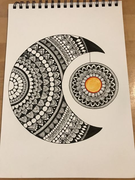 Hanging sun with moon Mandala by me😊😊 Moon Mandala Drawing, Cartoon Mandala Art, Moon Mandala Art, Moon Doodle, Sun Moon Mandala, Mandala Moon, Sun And Moon Mandala, Mandala Sketch, Sun Mandala