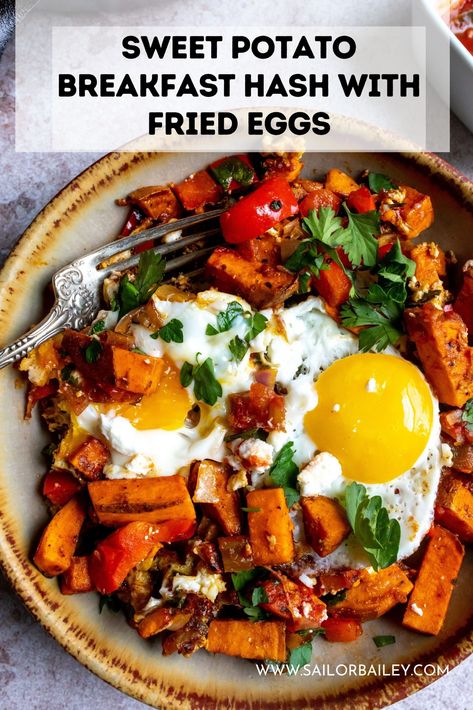 This sweet potato breakfast has with fried eggs is going to blow you away with my special breakfast seasoning. The hash is so easy to whip up and it's all made in one skillet for easy clean up. via @sailor_bailey Potato And Egg Breakfast, Eggs And Sweet Potato, Breakfast Hash Recipes, Sweet Potato Breakfast Hash, Potato Breakfast, Special Breakfast, Ideas For Breakfast, Hash Recipe, Breakfast Hash