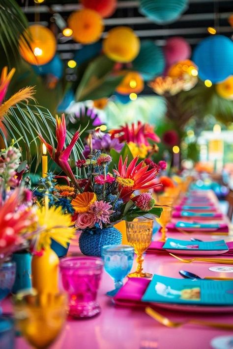 Fun 9-Year-Olds Birthday Party Ideas You'll Love Bright Colored Party Decor, Tropical Party Theme Ideas, Tropical Nights Party, 70th Birthday Theme Ideas, 70 Years Old Birthday Ideas, Carnaval Party Ideas, 80 Year Old Birthday Ideas, Hawaii Birthday Party Ideas, Luau Theme Party Decorations