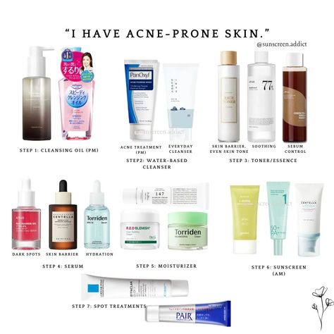 Acne-prone skin products and skincare routine suggestions #acneproneskin #acnetreatment #koreanskincareforacneskin Acne Skincare Routine Steps, Best Acne Routine Skincare, Skincare For Dry Acne Prone Skin, Skin Care For Sensitive Acne Prone Skin, Oily Acne Prone Skin Care Routine, Skin Care For Acne Prone Skin, Skincare Routine For Acne Prone Skin, Sensitive Acne Prone Skin Care, Skincare For Oily Acne Prone Skin