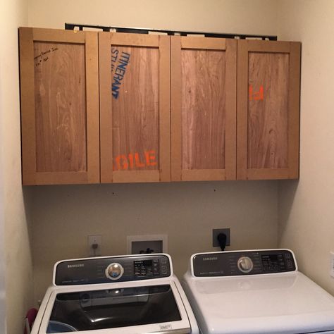 How To Build Upper Cabinets - Laundry Room Makeover — Revival Woodworks Upper Cabinets Laundry Room, Upper Laundry Room Cabinets, Diy Laundry Room Cabinets How To Build, Laundry Cabinets Diy, Add Cabinets To Laundry Room, How To Build Laundry Room Cabinets, Diy Upper Cabinets Laundry Rooms, Laundry Upper Cabinets, Stock Cabinets For Laundry Room