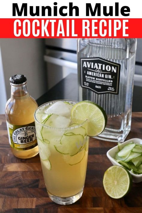 Learn how to make a traditional Munich Mule recipe. This version of the Moscow Mule features gin, ginger beer, lime and thinly sliced cucumbers. Recipe With Cucumber, Ginger Beer Mule, Refreshing Summer Dinners, Cocktail Equipment, Easy Gin Cocktails, Sliced Cucumber, Flavoured Gin, Mule Cocktail, Mule Recipe