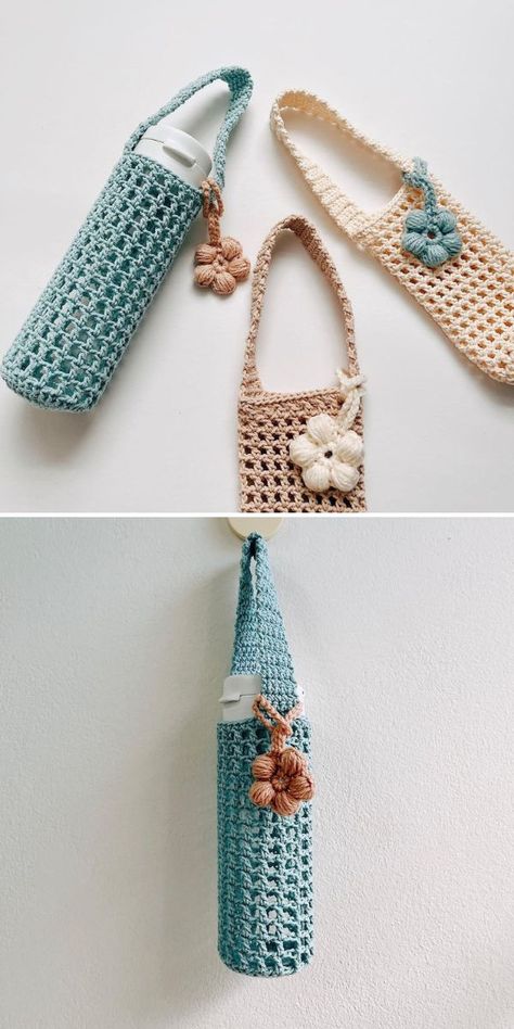 The Best Crochet Water Bottle Holder Ideas - Pattern Center Crochet Quotes, Crochet Water Bottle, Crochet Water Bottle Holder, Bottle Cozies, Confection Au Crochet, Crochet Bag Pattern Free, Bag Pattern Free, Crochet Business, Craps