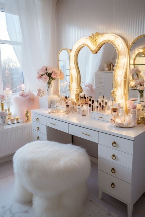 Gold Bathroom Fixtures, Luxury Room Bedroom, Vanity Organization, Bedroom Vanity, Vanity Design, Vanity Decor, Daughters Room, Vanity Storage, Vanity Desk