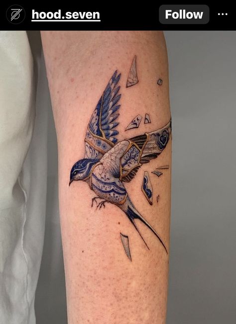 Small Detailed Tattoos Unique, Inside Wrist Tattoo, Sparrow Bird Tattoo, Kintsugi Tattoo Ideas, Kintsugi Tattoo, Blue Ink Tattoos, Freedom Tattoos, 16 Tattoo, Gold Tattoo