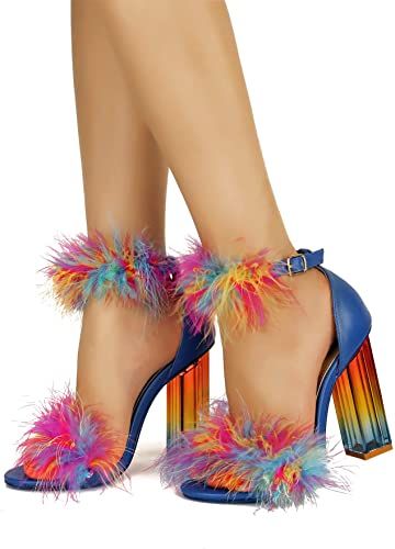 Heels With Feathers, Rainbow Heels, Heel Sandals Outfit, Feather Heels, Block High Heels, High Heels For Women, High Heels Classy, Trending Heels, Heels Outfits