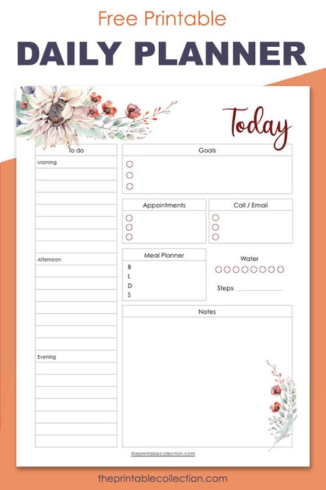 Free Printable Daily Planner Early Fall Theme. Plan your day to day life with this daily planner template, and stay organized. The images remind us Autumn with watercolor pictures of flowers and vegetation. Because of this, this is the perfect planner for Fall. Download also the version for the Skinny Classic Happy Planner. | The Printable Collection Free Printable Daily Planner, Midori Planner, Printable Day Planner, Organizing Printables, Printable Forms, Pictures Of Flowers, Office Tips, Daily Planner Printables Free, Free Daily Planner