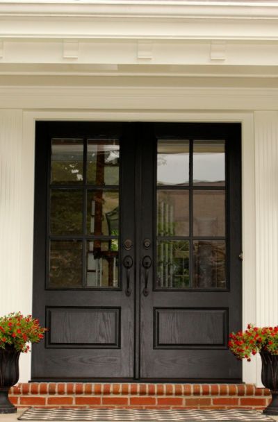 31 Houses With Black Front Entry Door Ideas | Sebring Design Build Black Entryway Doors Exterior, Black Front Door With Black Hardware, Black Stained Front Door, Black Front Doors With Glass Panels, White House Black Front Door, Black Front Entry Door, Entrance Doors Ideas Front Entry, Black Double Front Door, Black Front Door Ideas