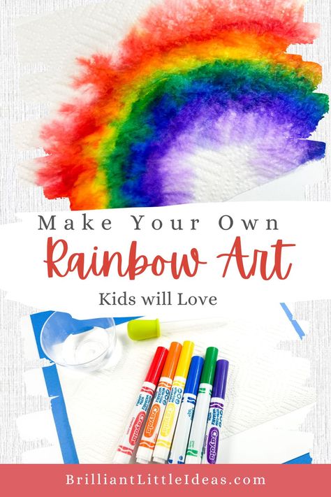 Let's make a rainbow imprint by growing the rainbow with water and making a copy onto another page. Great rainbow science experiment for kids. Rainbow Activities Preschool Crafts, Rainbow Art Ideas, Rainbow Art For Kids, Rainbow Science Experiment, Rainbow Crafts For Kids, Kindergarten Science Experiments, Rainbow Lessons, Rainbow Science, Rainbow Snacks