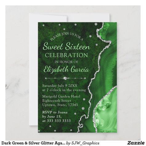 Marble Wedding Invitation, Dark Green Marble, Marble Invitation Wedding, 17 Birthday, Silver Invitation, 16th Birthday Invitations, Fun Invitations, Marble Wedding, Sweet 16 Invitations