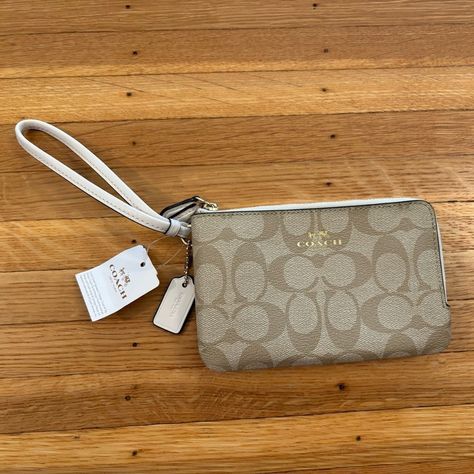 Coach Tan Double Zip Wristlet Wallet Nwt. Light Khaki/Chalk Color. 2 Zip Pockets. 6.5 X 4 In. Brand New With Tags. White Wallet, Leather Anniversary, Leather Clutch Wallet, Cute Wallets, Envelope Wallet, Id Wallet, Bags Coach, Card Case Wallet, Keychain Wallet