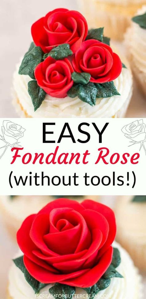 If you've got a ton of roses to make, or maybe you just don't want to spend hours making them, this easy fondant rose is the perfect solution. The only supply you need is fondant. You don't even need water to attach the petals. So quick and so easy to do and you don't have to keep up with a ton of cake decorating tools. #cakedecorating #fondantrose #fondanttutorial Fondant Rose Tutorial, Easy Fondant, Cream Icing, Fondant Rose, Piping Techniques, Creative Cake Decorating, Fondant Tutorial, Easy Cake Decorating, Fondant Decorations