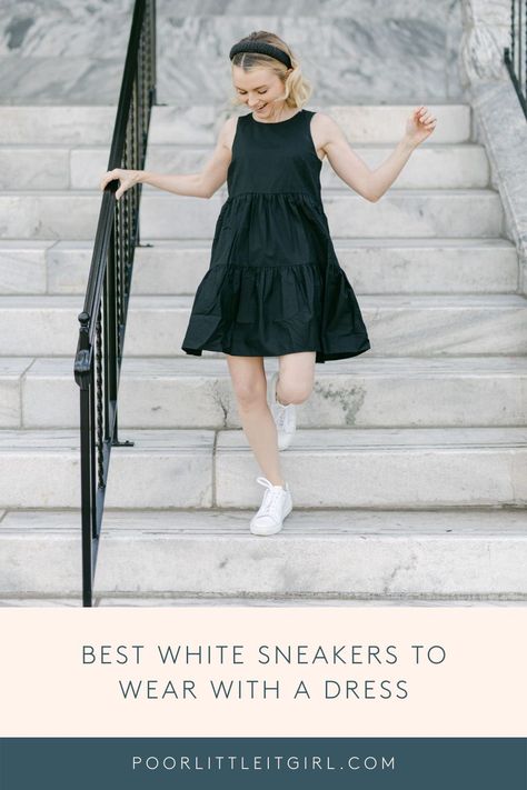 Looking for the perfect casual summer outfit ideas for short girls? Poor Little It Girl shares how to style white sneakers with a dress with the best white sneaker styles to own for summer. Pairs white sneakers with a black dress and black headband. This is the perfect casual petite street style look! Grey Sneakers Outfit, Petite Street Style, Short Girl Outfits, Best White Sneakers, White Dress Outfit, Spring Dinner, Famous Dress, Fashion For Petite Women, Petite Style