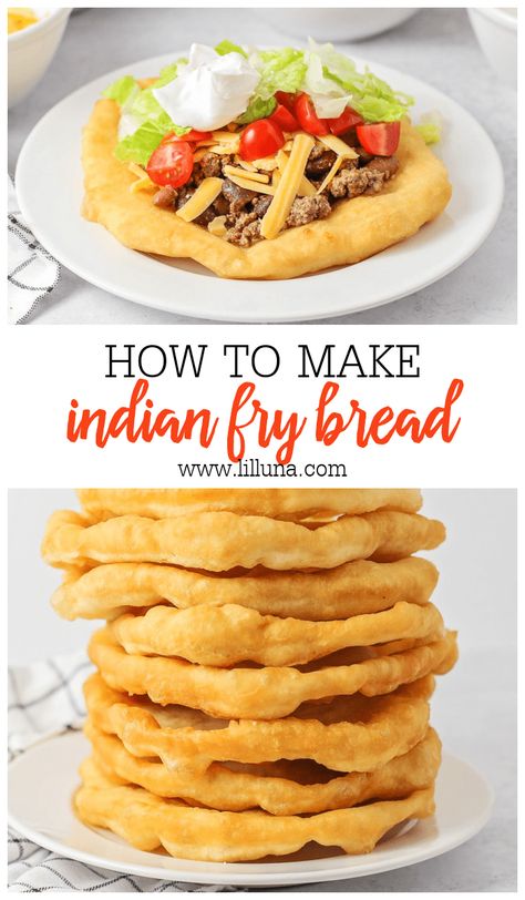 Fry Bread or "Navajo Tacos" are crispy pillows of dough with a soft inside. Complete it by adding sweet or savory toppings! #frybread #indianfrybread #navajotacos #frybreadrecipe Fry Bread Toppings, Navaho Fry Bread Tacos, Navaho Fry Bread Easy Recipes, Frybread Navajo, Navaho Tacos, Food Recipes Savory, Indian Fry Bread Recipe Easy, Navajo Fry Bread Recipe, Indian Fry Bread Recipe