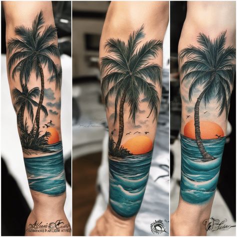 Hawaiian Palm Tree Tattoo, Curacao Tattoo, Ocean Sleeve Tattoos, Palm Tattoo, Tropical Tattoo, Simple Tattoos For Guys, Lighthouse Tattoo, Sea Tattoo, Wave Tattoo