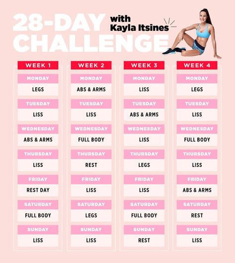 28 Day Challenge Workout, Home Workout Plan For Women, Kayla Itsines Workout, Home Workout Plan, Challenge Workout, Straight Leg Raise, Mom Routine, 28 Day Challenge, Days Challenge