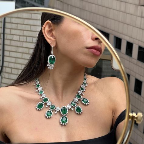 The only way to make an entrance💚 • 97cts of oval-cut emeralds • 52.50cts of round, marquise & pear-shaped diamonds DM to inquire💬 #emerald #diamonds #greenwithenvy #diamondearrings #emeraldnecklace #highjewelry #luxury #luxurylifestyle #nyc #fyp Emerald And Diamond Necklace, Emerald Necklace, Marquise Diamond, Pear Shaped Diamond, Marquise Cut, High Jewelry, The Only Way, Halo Diamond, Oval Cut