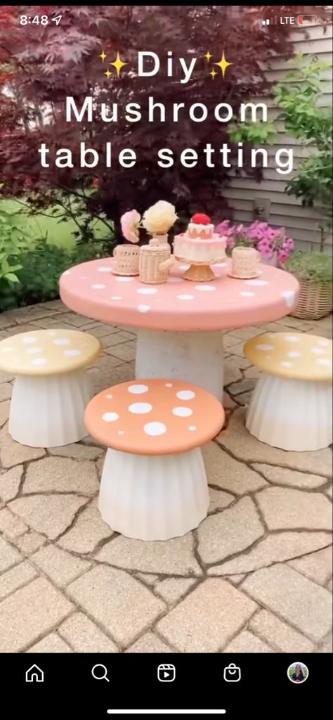 Mushroom Table And Stools, Table And Stools, Fairy Garden Birthday Party, Fairy Tea Parties, Mushroom Tea, Mushroom Table, Garden Party Birthday, Fairy Birthday Party, Garden Birthday