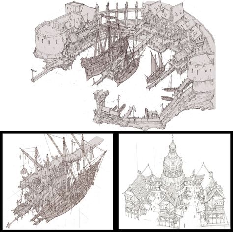 ArtStation - Bless Online_M5 harbor, min seub Jung Environment Sketch, Fantasy Story Ideas, Concept Art Tutorial, Building Art, Fantasy City, Fantasy Castle, D&d Dungeons And Dragons, Fantasy Map, Fantasy Art Landscapes