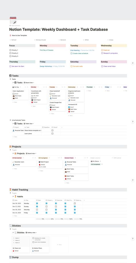 Weekly Dashboard, Study Planner Free, Notion Inspiration, Planner School, Life Planner Organization, Template Notion, Task Manager, School Template, Weekly Agenda