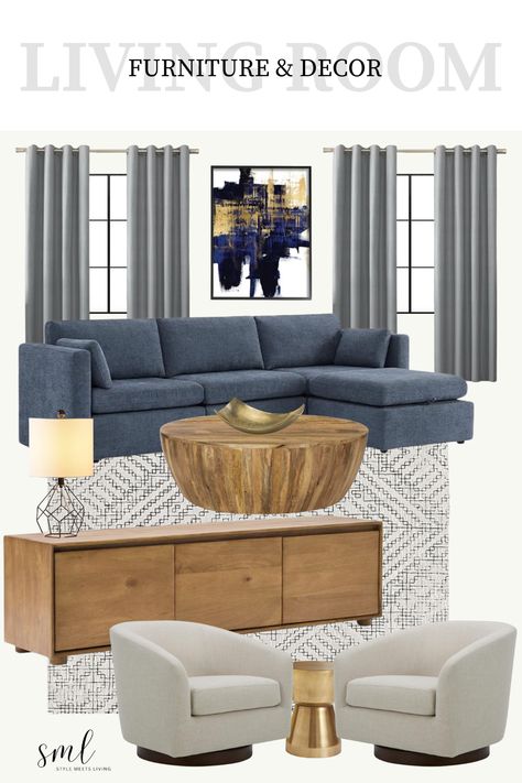 Transform your living space with our curated Living Room Mood Board! 🏡✨ Explore a perfect blend of furniture and decor that harmonizes style and comfort. From trendy sofas to statement wall art, discover the key elements to elevate your home. Dive into the latest interior trends and make your living room the heart of your sanctuary. 🛋️✨ Living Room With Blue Furniture, Grey Blue Couch Living Room Ideas, Blue Grey Couch Living Room Ideas, Mixed Furniture Living Room, Blue Sectional Living Room Decor, Taupe And Blue Living Room, Neutral And Blue Living Room, Blue Couch Living Room Colour Schemes, Gray And Gold Living Room