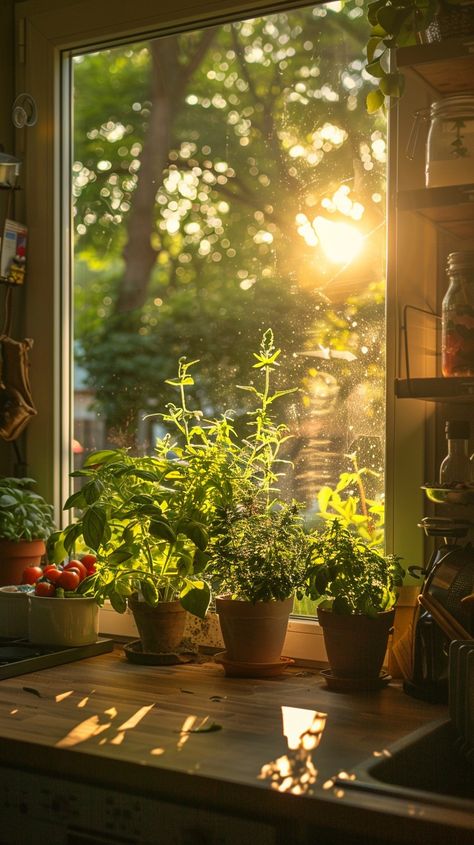 "Sunny Kitchen Greens: The warm #sunlight bathes a selection of potted #herbs and #tomatoes on a #kitchen windowsill. #plants #aiart #aiphoto #stockcake ⬇️ Download and 📝 Prompt 👉 https://stockcake.com/i/sunny-kitchen-greens_825162_985392" Garden View Kitchen, Sunny Cottage, Pot Wallpaper, Sunlight Kitchen, Spring Showers Aesthetic, Warm Light Aesthetic, Potted Herbs, Kitchen With Sunlight, Plant Vibes