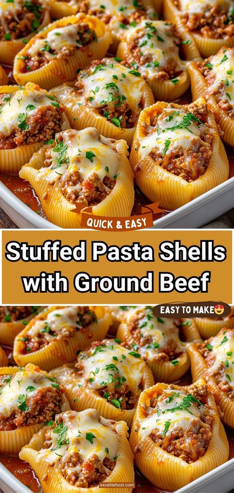 These are super tasty, creamy, and cheesy stuffed pasta shells with ground beef for a weeknight dinner. My family likes pasta dishes very much, so they were very happy to try these Stuffed Pasta Shells with ground beef, ricotta, mozzarella, and parmesan. It tastes so good with crusty bread, hot sauce, and Italian salad. Stuffed Cheesy Shells, Pasta Recipes Stuffed Shells, Beef And Shells Pasta, Giant Stuffed Shells Recipe, Big Shell Noodle Recipes, Large Shell Pasta Recipes Ground Beef, Stuffed Big Shell Pasta, Recipes With Large Shell Pasta, Beef Stuffed Shells Ricotta