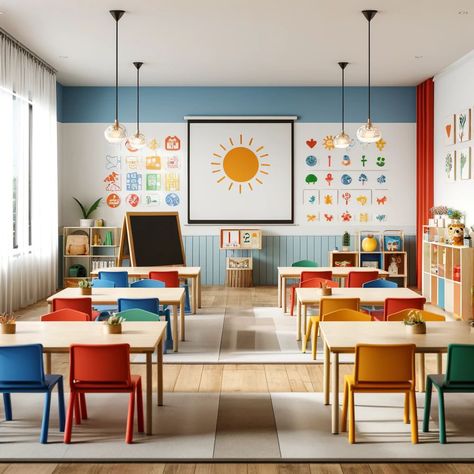 Modern Kindergarten Classroom Design, Language School Interior, Kindergarten Moodboard, Preschool Interior, Kindergarden Decoration Room, School Building Interior, Community Wall, Classroom At Home, Kindergarten Concept