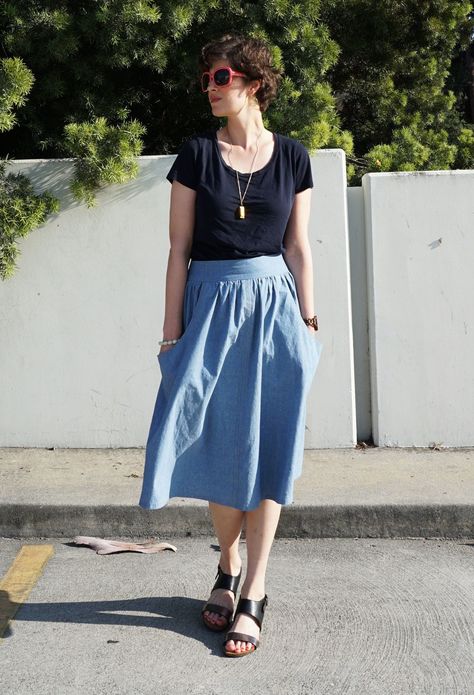 Revamp your handmade wardrobe with our DIY Chambray Brumby Skirt sewing pattern! This easy sewing project combines classic design with modern flair. Learn how to sew a flattering A-line skirt with practical pockets and a button-down front that exudes effortless style. DIY skirt, easy SIY skirt tutorial Diy Skirt Easy, Brumby Skirt, Diy Skirt Pattern, Long Skirt Pattern, Summer Sewing Patterns, Diy Summer Clothes, Women's Sewing Pattern, Skirt Sewing Pattern, Summer Sewing