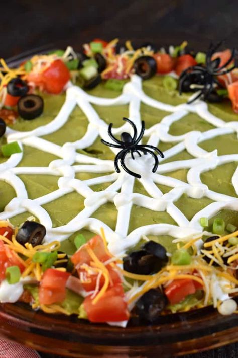 Halloween 7 Layer Taco Dip Recipe - Shugary Sweets Halloween Taco Dip, Layer Taco Dip, 7 Layer Taco Dip, Halloween Dip, Spooky Spider Web, Pasteles Halloween, Halloween Appetizers Easy, Layered Dip Recipes, Taco Dip Recipe