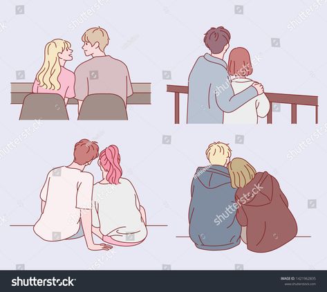 The back view collection of a couple sitting together. hand drawn style vector design illustrations. #Ad , #ad, #sitting#hand#couple#view Couple Sitting Together Drawing, Sitting Down Drawing, Couple Sitting Together, Together Drawing, Basic Poses, Holding Hands Drawing, Couples Doodles, Sitting Pose Reference, Couple Poses Drawing