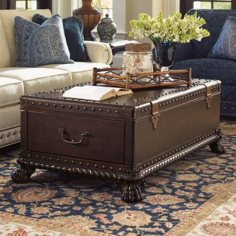 Tommy Bahama Island Traditions Harwick Leather Trunk Cocktail Table - 01-0548-945 British Themed Rooms, Trunk Furniture, Decorative Trunks, Belfort Furniture, Tommy Bahama Home, Leather Trunk, Lexington Home, Coffee Table Trunk, Multipurpose Furniture