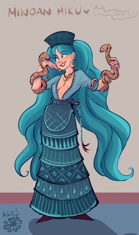 minoan hatsune miku holding snakes based on snake godess figurine from knossos, crete. A part of brasilian miku trend / country miku / international miku trend. Minoan culture is also a part of cretan and ancient greek culture.

art by kurj / the_kurj Miku Versions, Miku Designs, Ancient Greek Culture, Minoan Art, Miku Hatsune Vocaloid, Bleach Anime Art, Artic Monkeys, Greek Culture, Digital Art Beginner