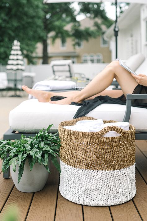 Styling Pool Area, Styling A Pool Area, Pool Styling Outdoor Living, Pool Area Organization, Bohemian Pool Decor, Resort At Home, Outdoor Pool Oasis, Pool Towel Basket, Around The Pool Decor Ideas