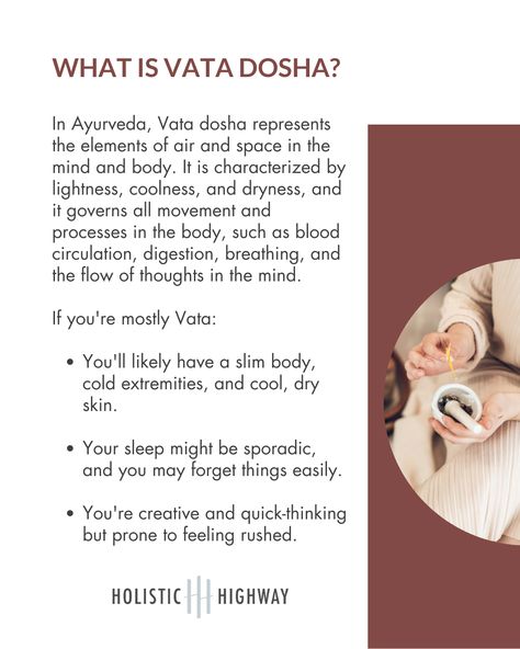 Embrace your Vata nature and learn how to balance and nourish this dosha for optimal well-being! 🌿  Vata represents the elements of air and space, embodying qualities of lightness, coolness, and dryness. It governs movement and processes in your body, like blood circulation, digestion, and breathing, as well as the flow of thoughts in your mind.  Still unsure? Take our modern Dosha Quiz to find balance and learn your Ayurveda body type.⁠  https://theholistichighway.com/dosha/  #Ayurveda #Vata Ayurveda Vata, Dosha Quiz, Vata Dosha, Find Balance, Finding Balance, Blood Circulation, Ayurveda, Well Being, Body Types