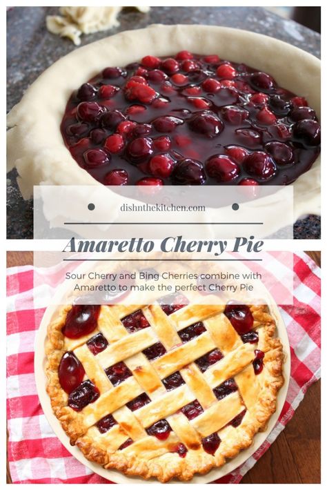 Amaretto Cherry Pie is a baked up boozy concoction of sweet Evans and sour Bing Cherries with the Almond flavours of Amaretto. #cherrypie #pie #cookingwithbooze Sour Cherry Pie, Cherry Pie Recipe, Sour Cherries, Canning Cherry Pie Filling, Sliced Strawberries, Bing Cherries, Rhubarb Jam, Frozen Pie, Pastry Crust