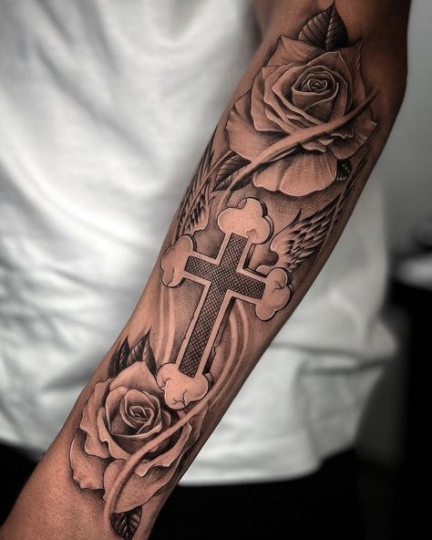 Rose-Cross Tattoo Cross Tattoo Ideas, Army Tattoos, Cross Tattoo For Men, Cross Tattoos, Forearm Tattoo Design, Forearm Sleeve Tattoos, Cross Tattoo Designs, Skeleton Hand Tattoo, Tattoos For Black Skin